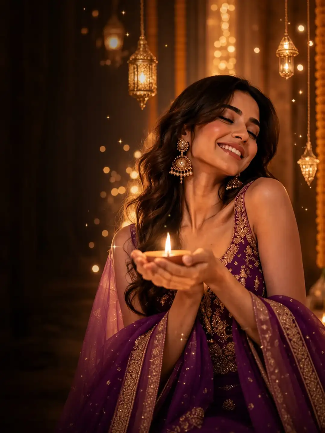 A festive Diwali portrait with a lit diya