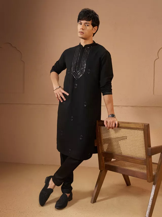 Men's Black Silk Embellished Knee Length Kurta