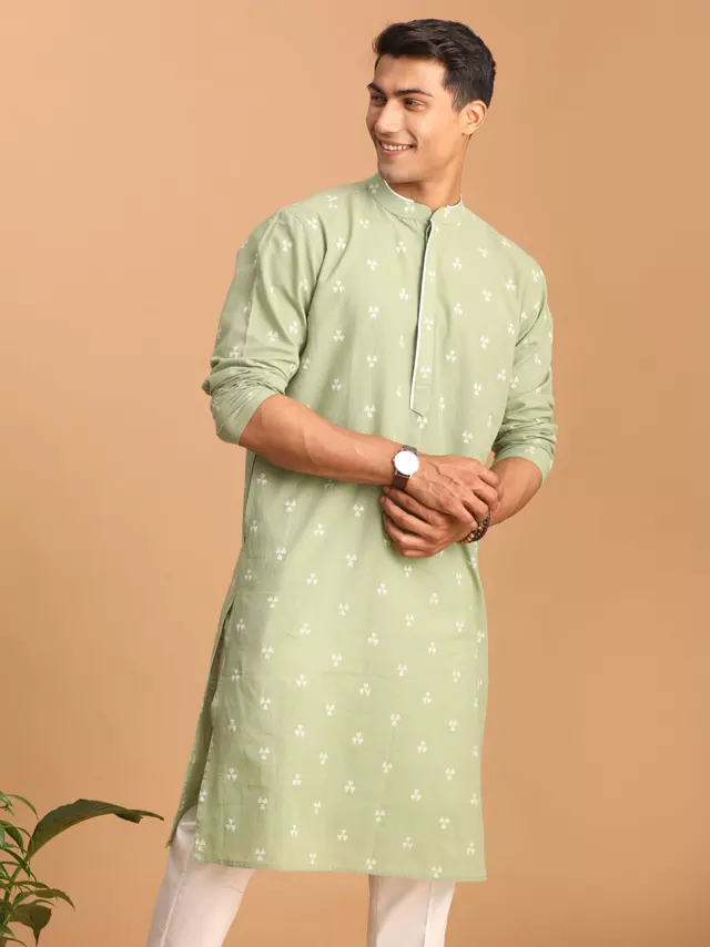 Men's Green Geometric Booti Jacquard Kurta