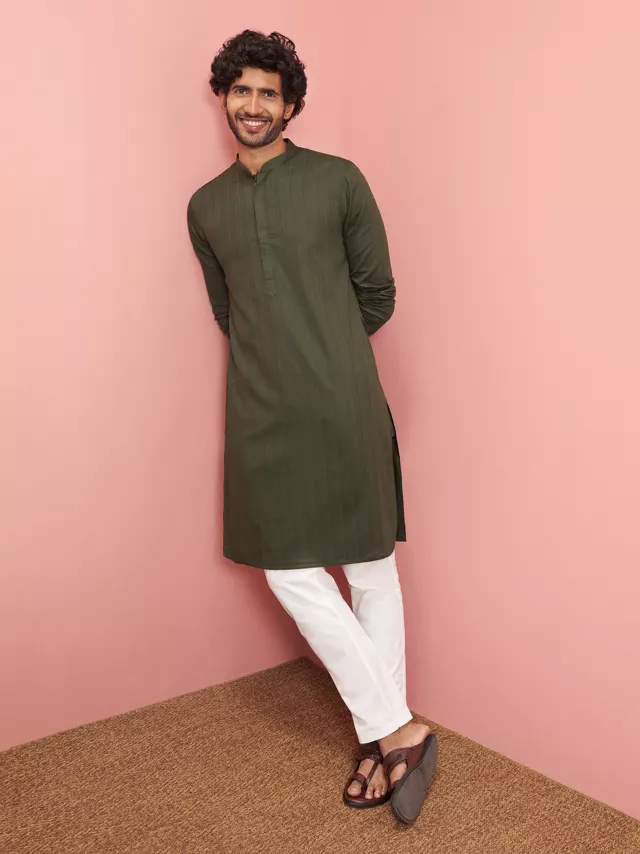 Men's Olive Cotton Self Design Knee Length Kurta