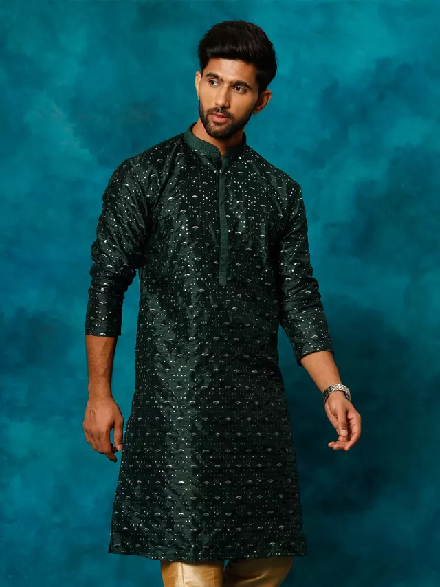 Men's Green Silk Blend Embellished Kurta